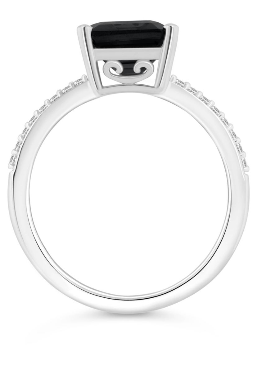Sterling Silver 10x8mm Emerald Cut Black Onyx 1/10 CTTW Diamond Ring