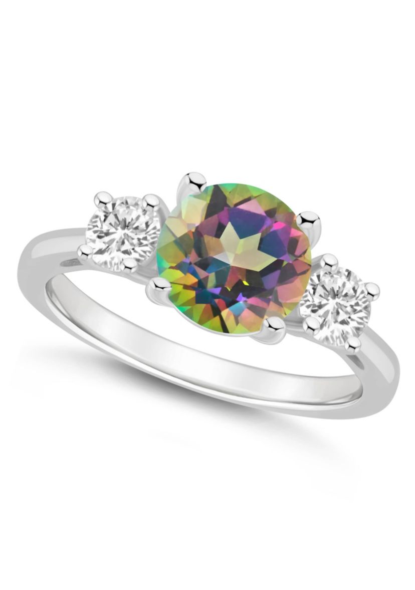 Sterling Silver 8mm Round Mystic Topaz & White Topaz 3-Stone Ring