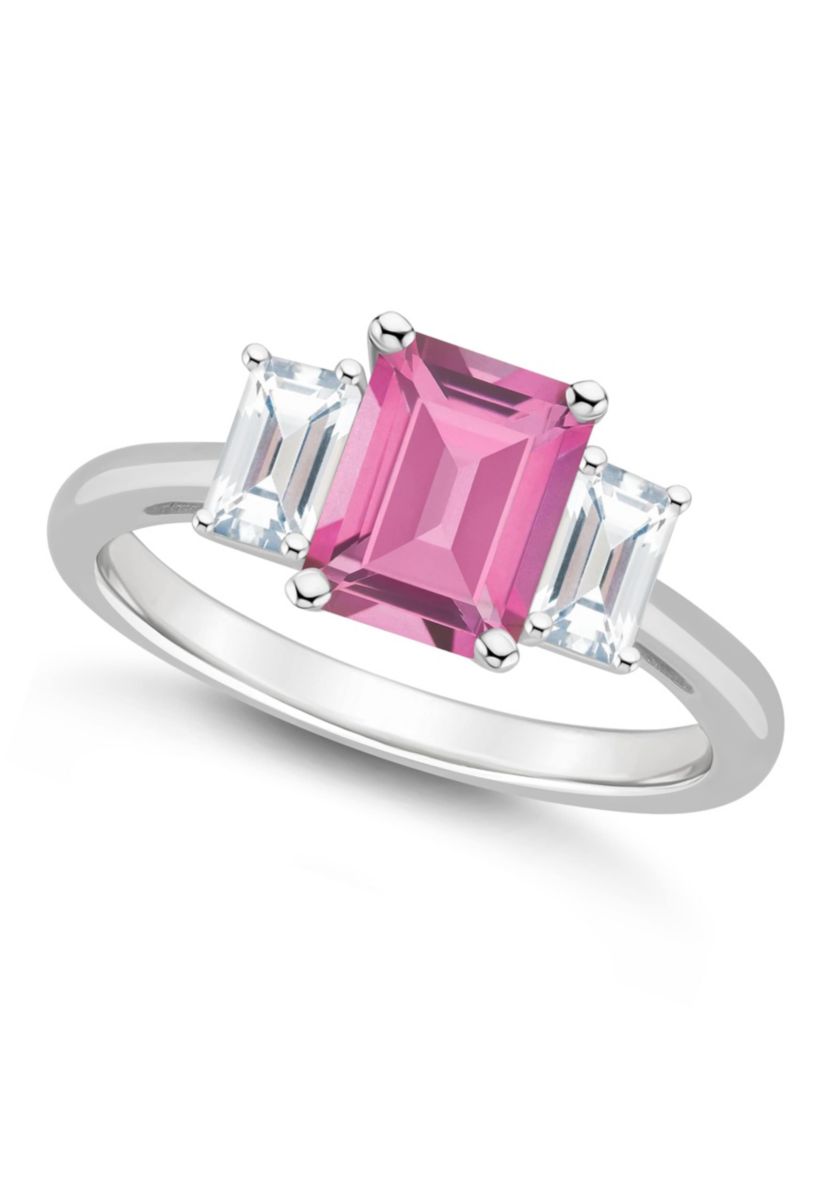 Sterling Silver 8x6mm Emerald Cut Pink Topaz & White Topaz 3-Stone Ring