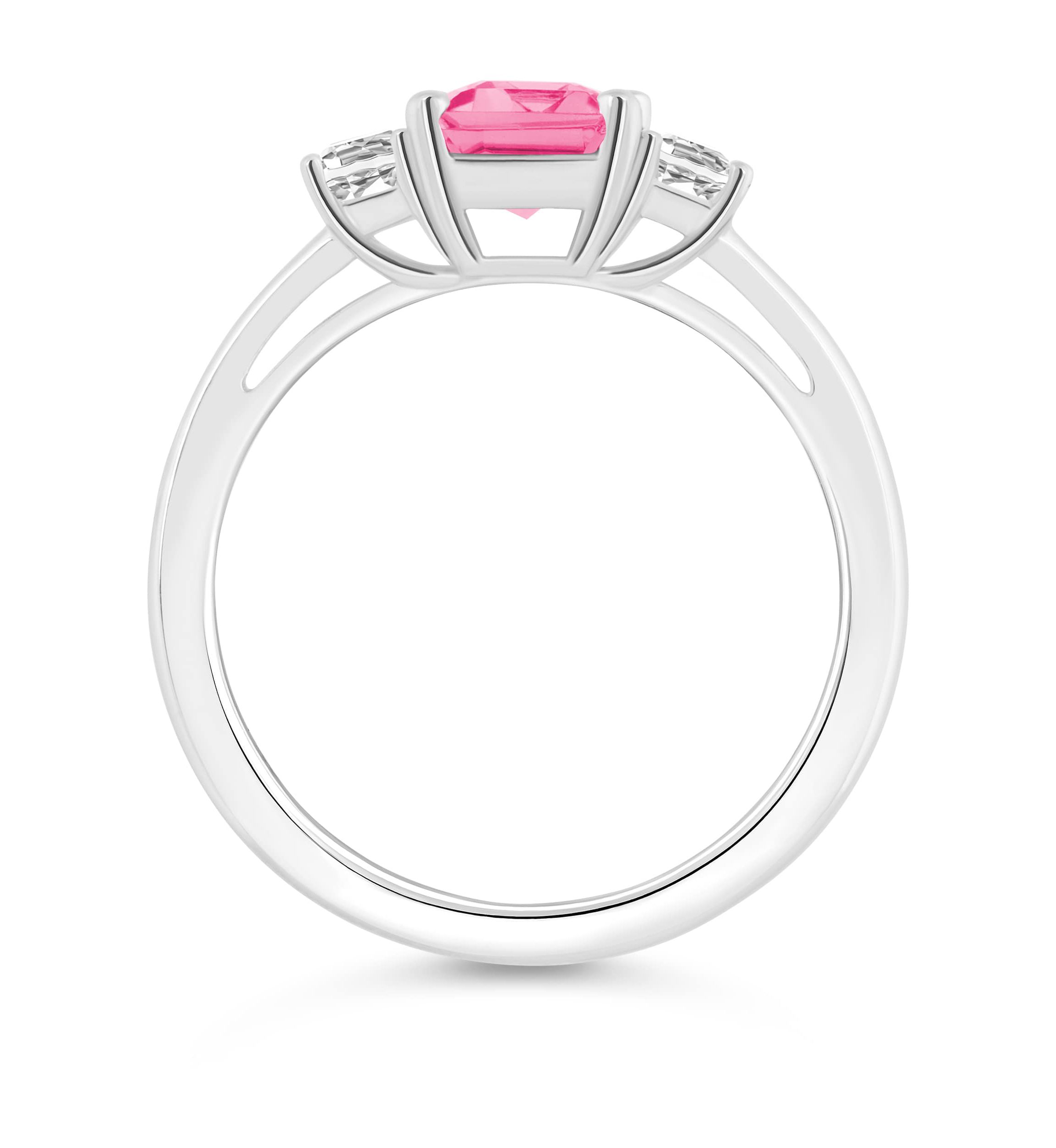 Sterling Silver 8x6mm Emerald Cut Pink Topaz & White Topaz 3-Stone Ring