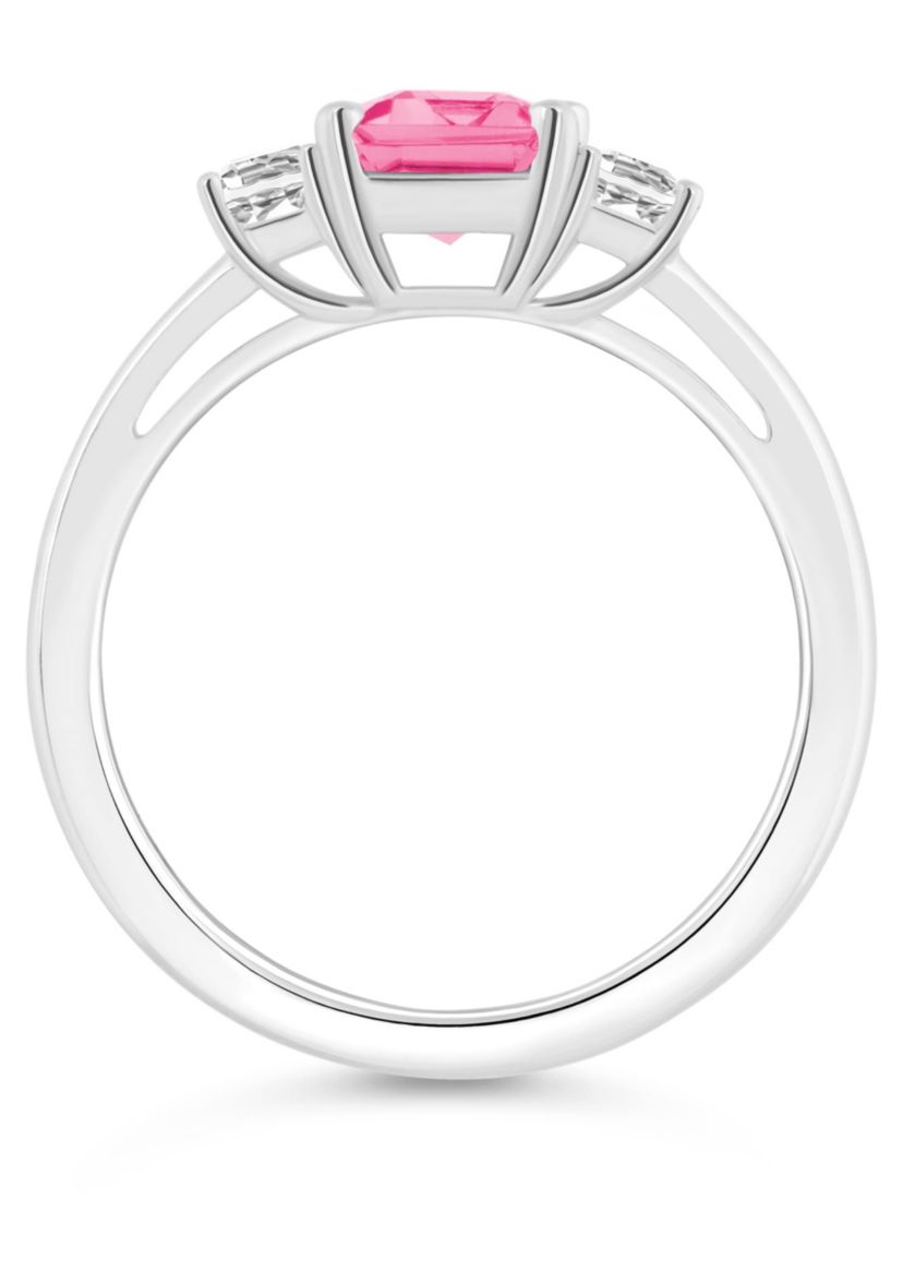 Sterling Silver 8x6mm Emerald Cut Pink Topaz & White Topaz 3-Stone Ring
