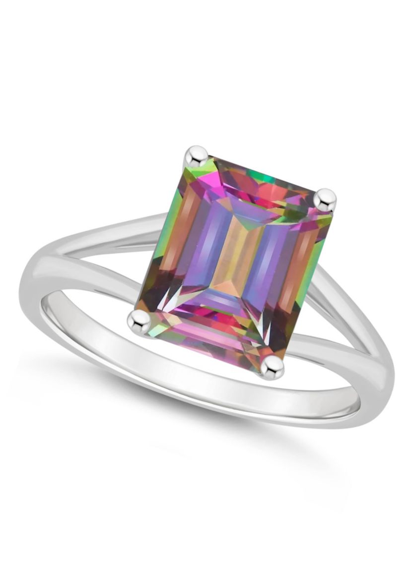 Sterling Silver 10x8mm Emerald Cut Mystic Topaz Split Shank Ring