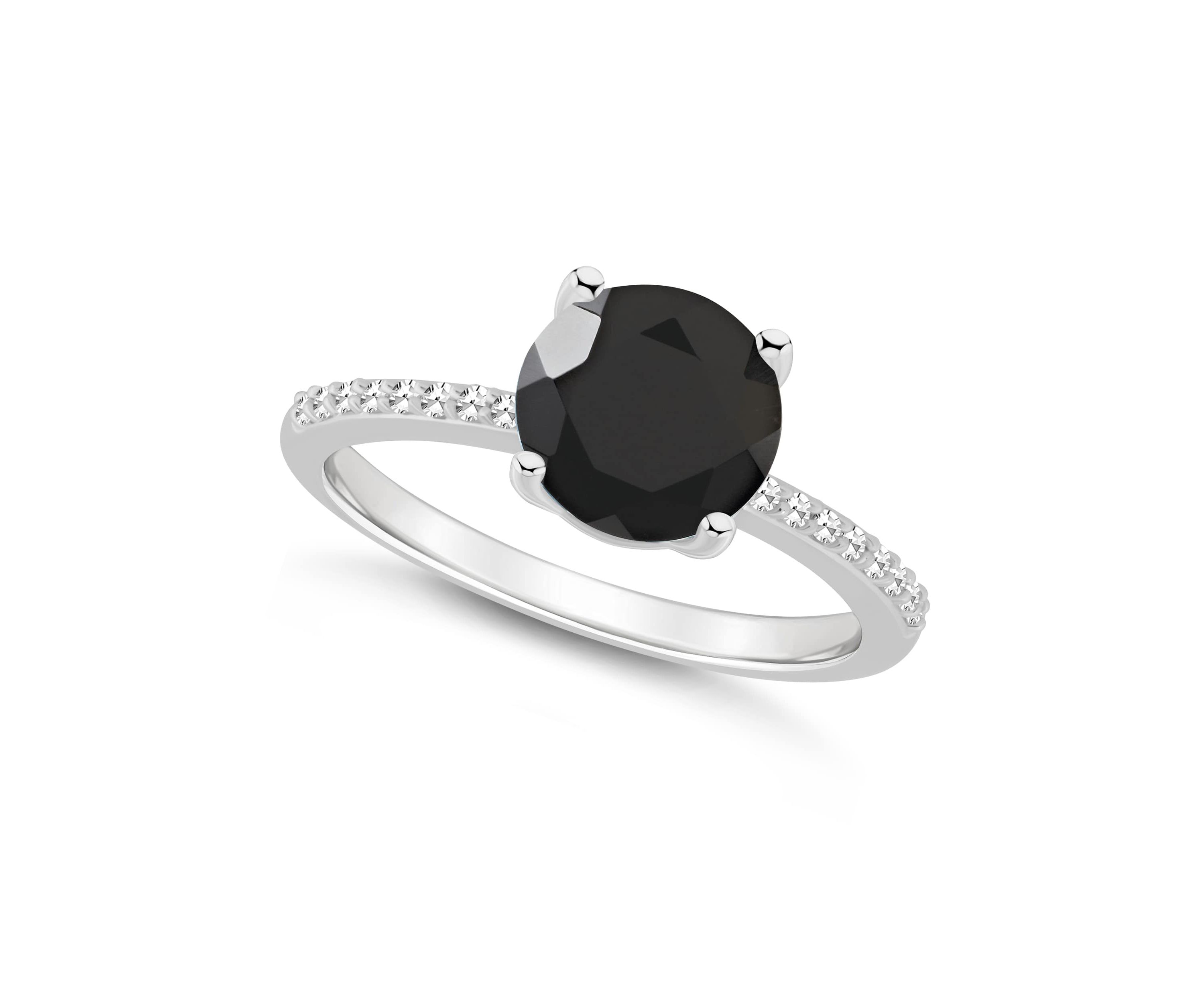 Sterling Silver 8mm Round Black Onyx 1/10 CTTW Diamond Ring