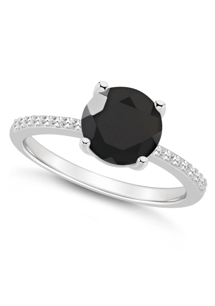 Sterling Silver 8mm Round Black Onyx 1/10 CTTW Diamond Ring