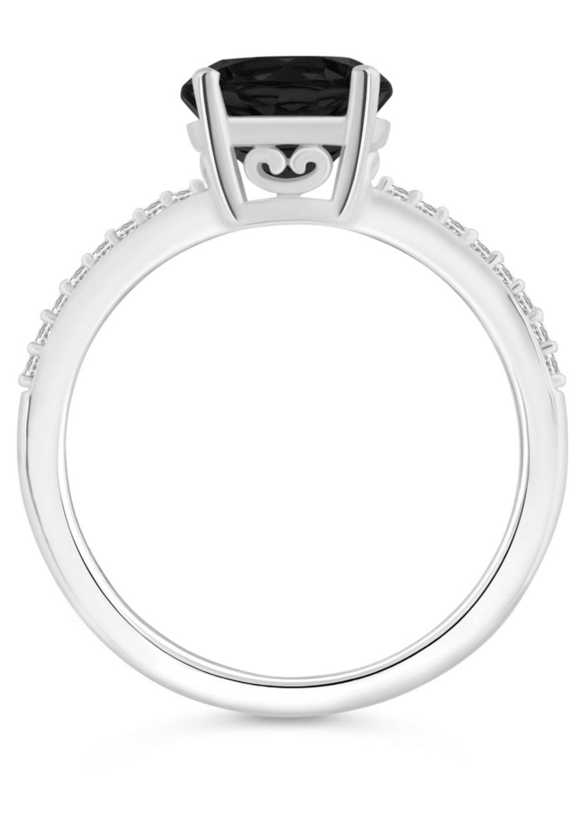 Sterling Silver 8mm Round Black Onyx 1/10 CTTW Diamond Ring