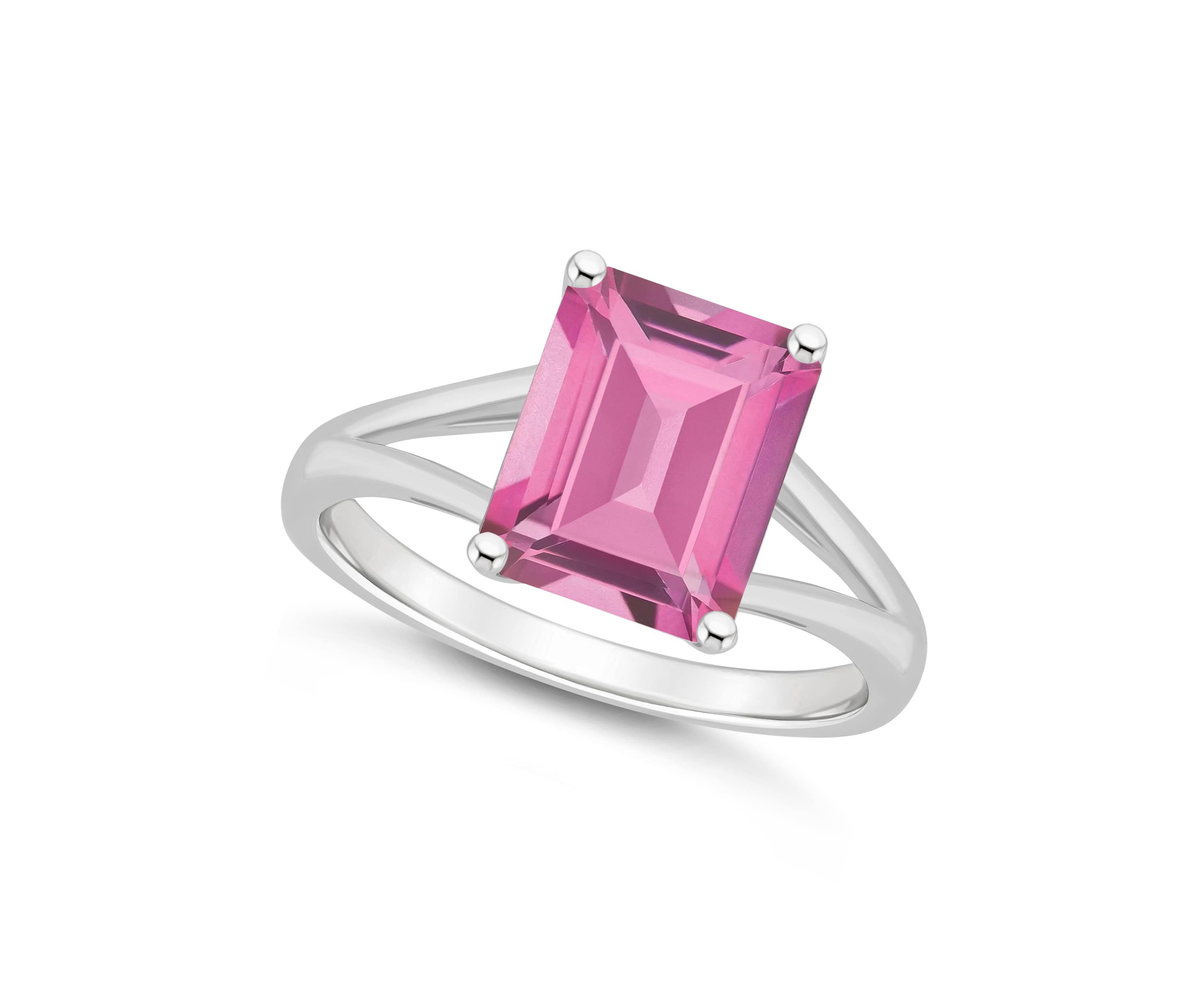 Sterling Silver 10x8mm Emerald Cut Pink Topaz Split Shank Ring