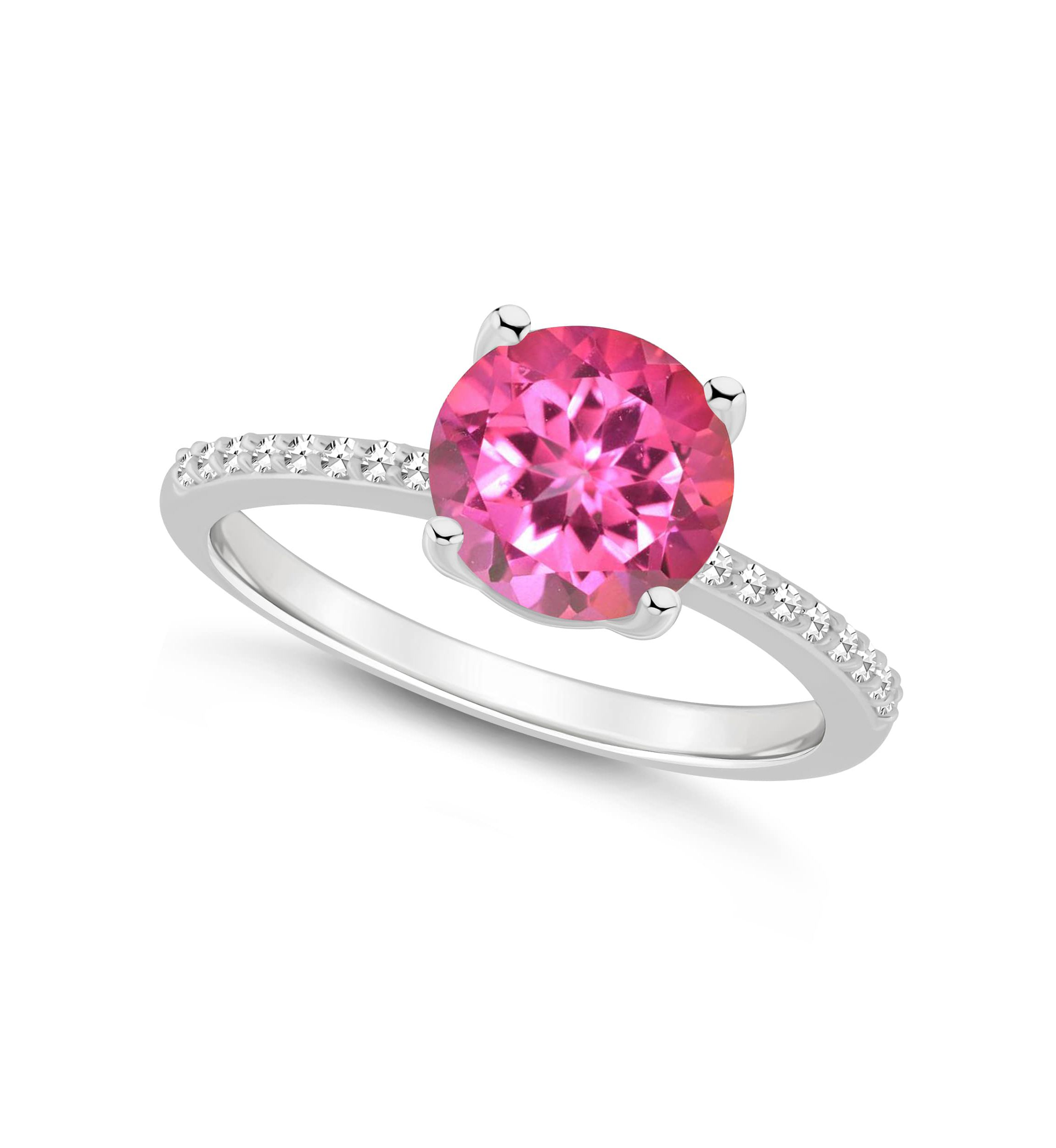 Sterling Silver 8mm Round Pink Topaz 1/10 CTTW Diamond Ring