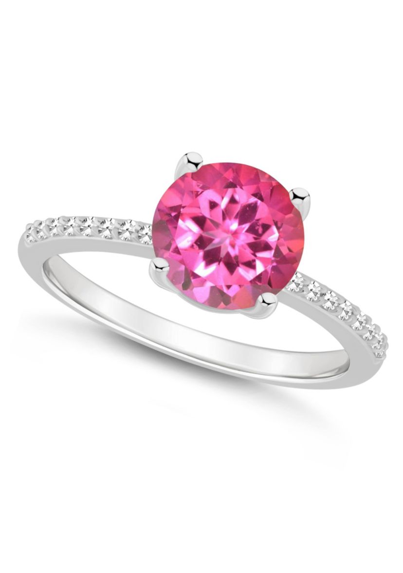 Sterling Silver 8mm Round Pink Topaz 1/10 CTTW Diamond Ring