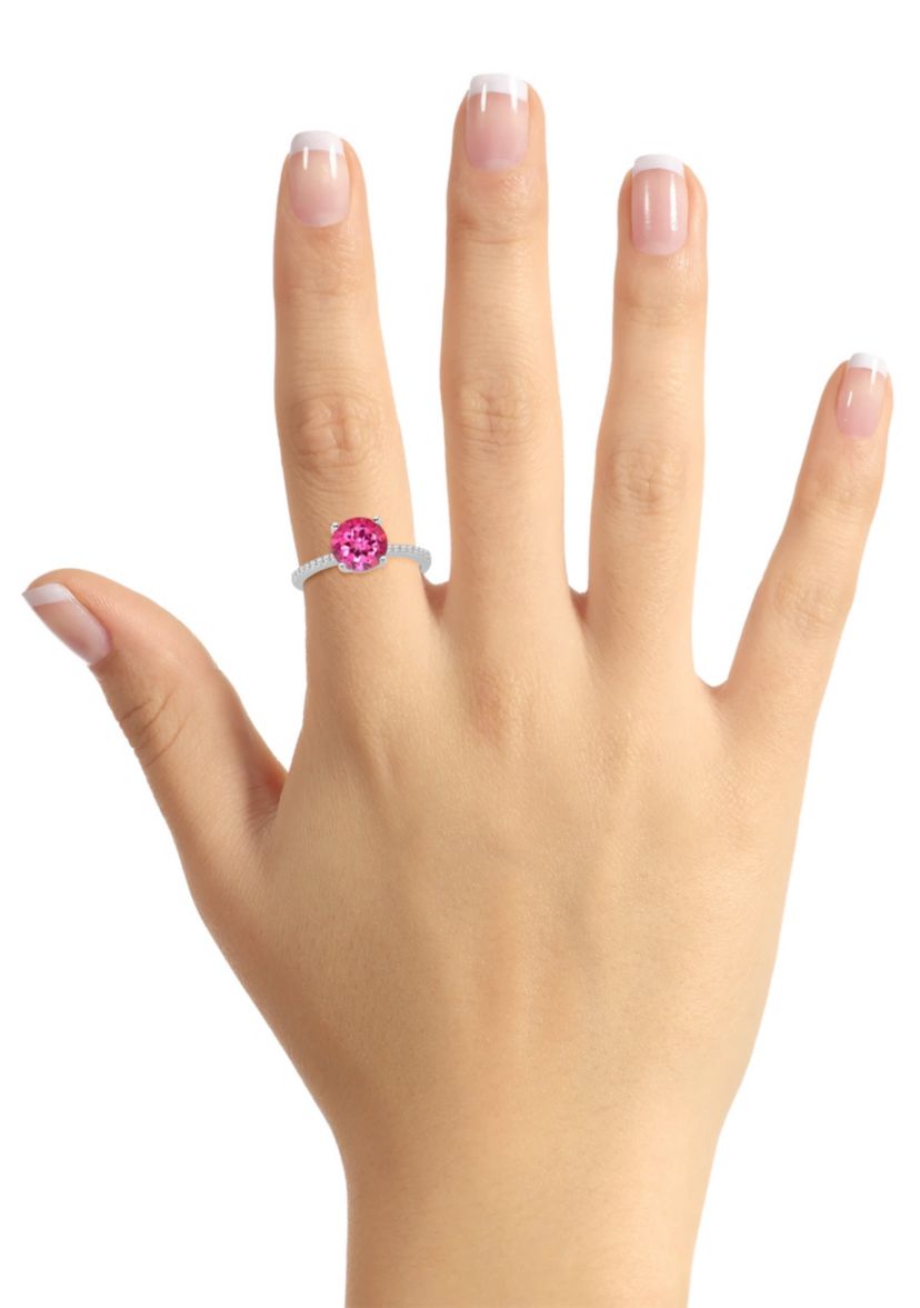Sterling Silver 8mm Round Pink Topaz 1/10 CTTW Diamond Ring