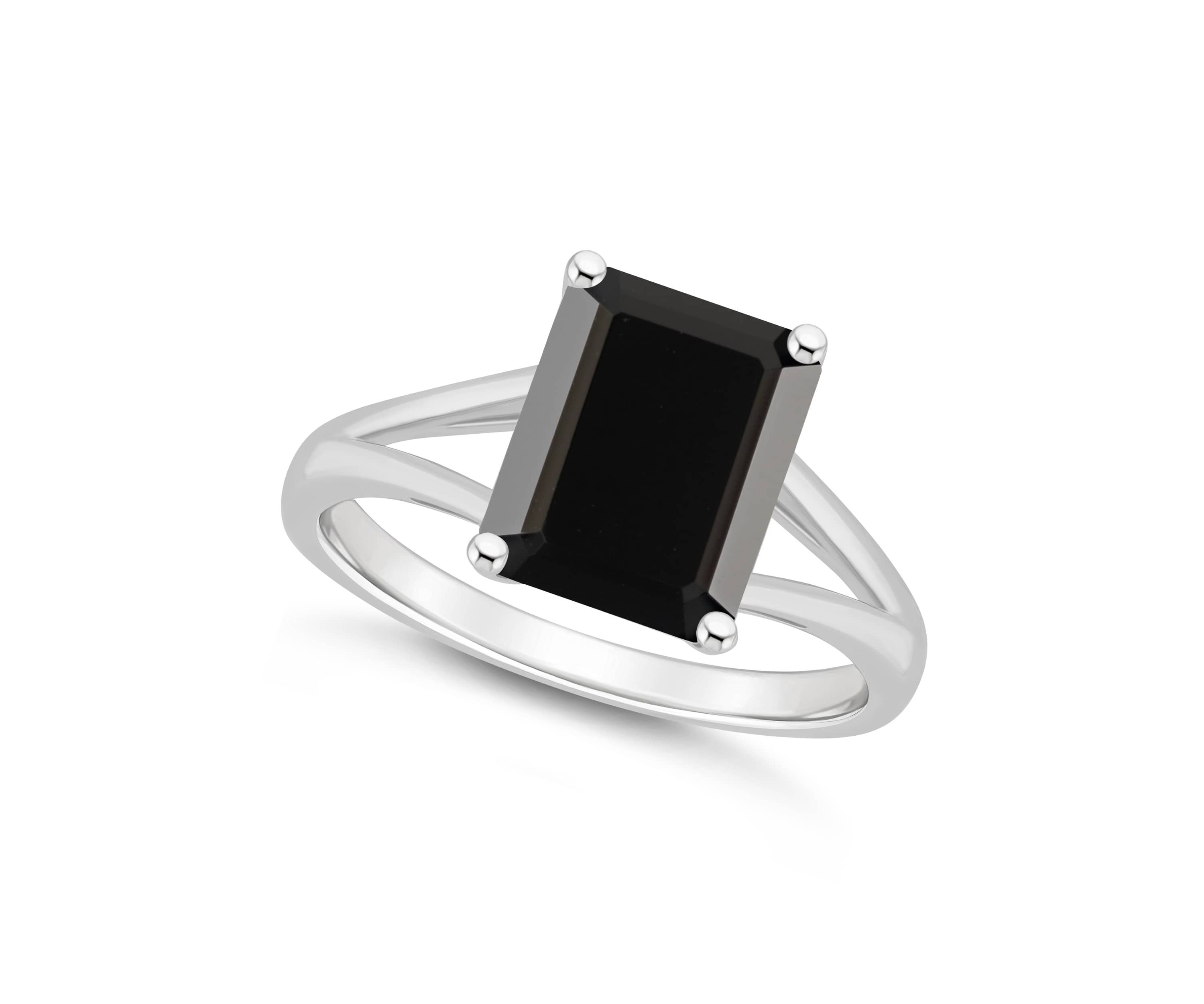 Sterling Silver 10x8mm Emerald Cut Black Onyx Split Shank Ring