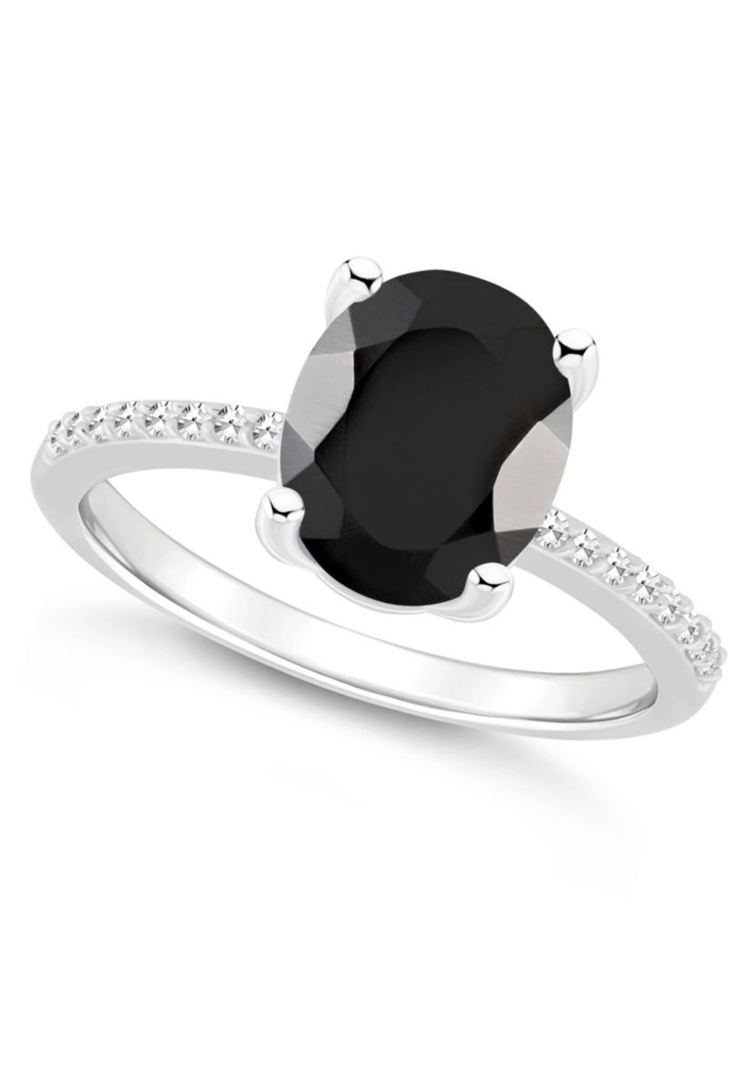 Sterling Silver 10x8mm Oval Black Onyx 1/10 CTTW Diamond Ring