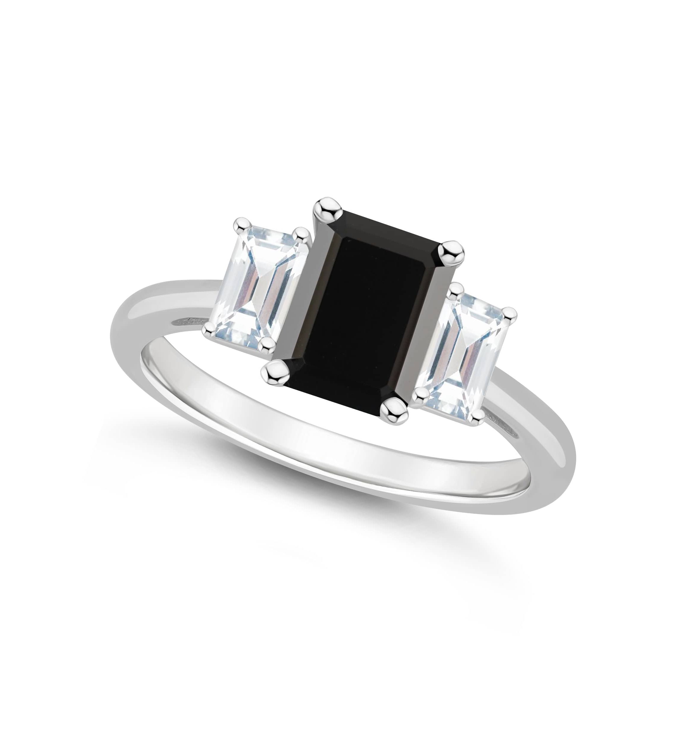 Sterling Silver 8x6mm Emerald Cut Black Onyx & White Topaz 3-Stone Ring