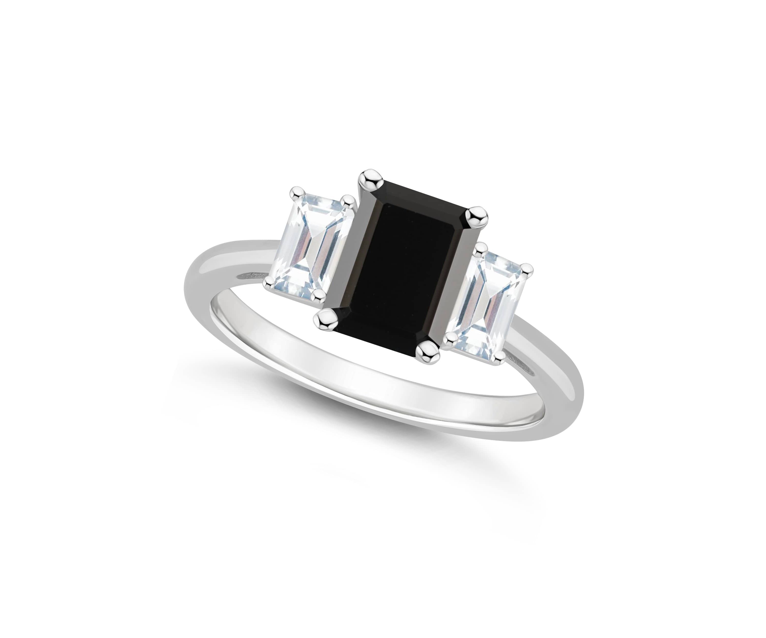 Sterling Silver 8x6mm Emerald Cut Black Onyx & White Topaz 3-Stone Ring