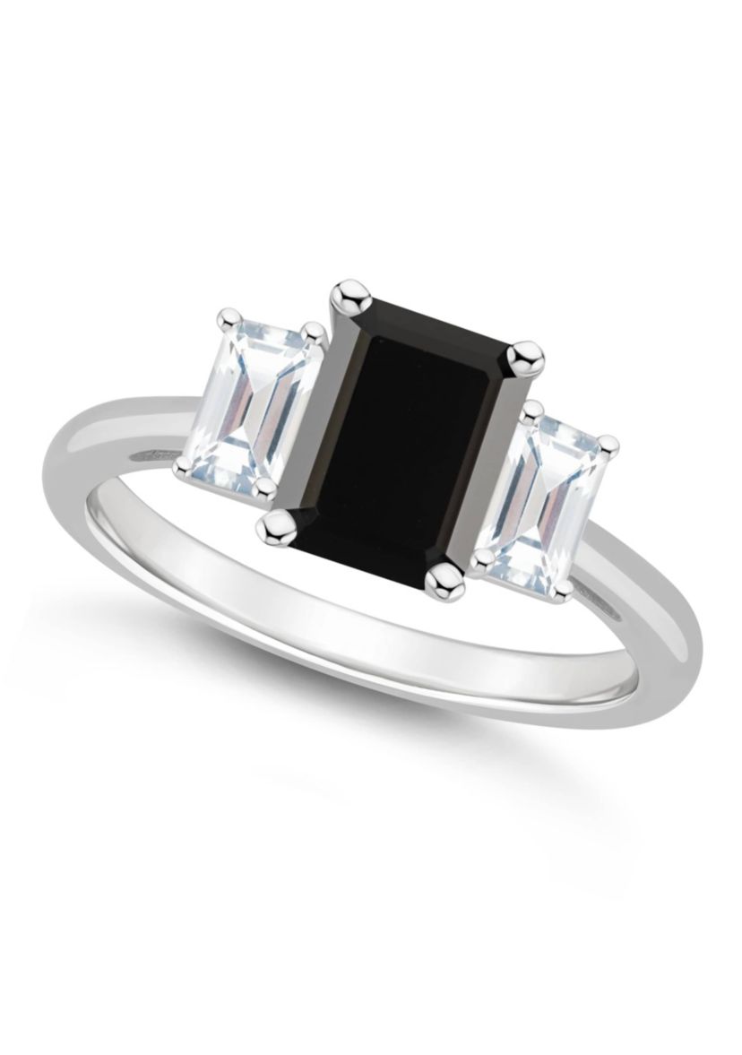 Sterling Silver 8x6mm Emerald Cut Black Onyx & White Topaz 3-Stone Ring