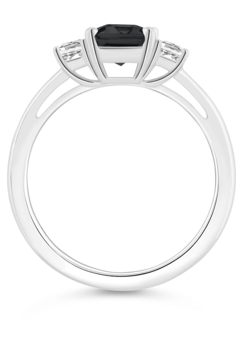 Sterling Silver 8x6mm Emerald Cut Black Onyx & White Topaz 3-Stone Ring