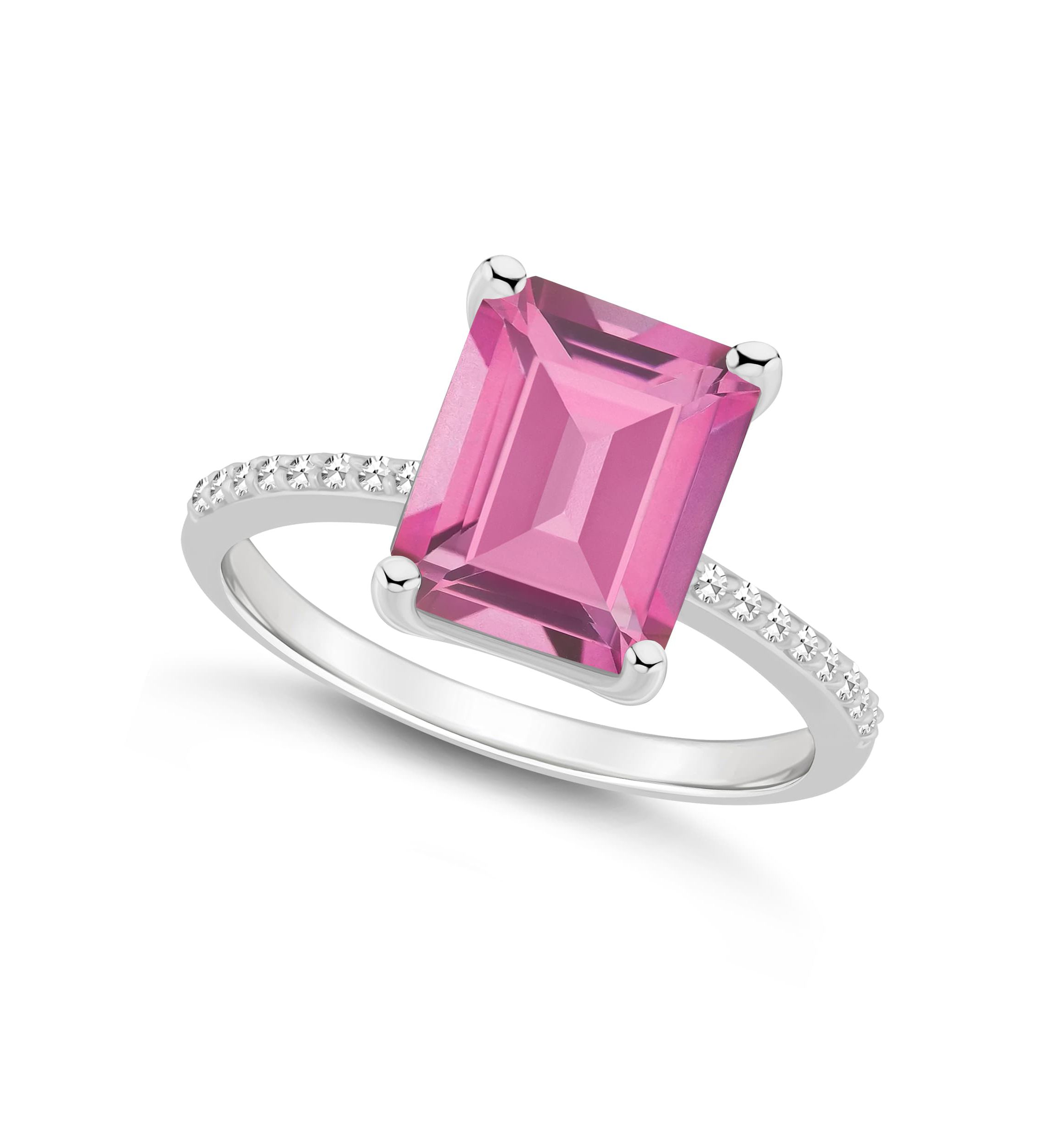 Sterling Silver 10x8mm Emerald Cut Pink Topaz 1/10 CTTW Diamond Ring