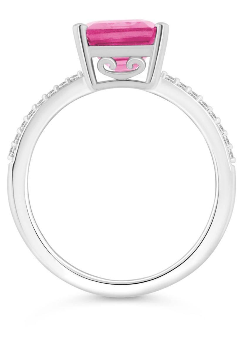 Sterling Silver 10x8mm Emerald Cut Pink Topaz 1/10 CTTW Diamond Ring
