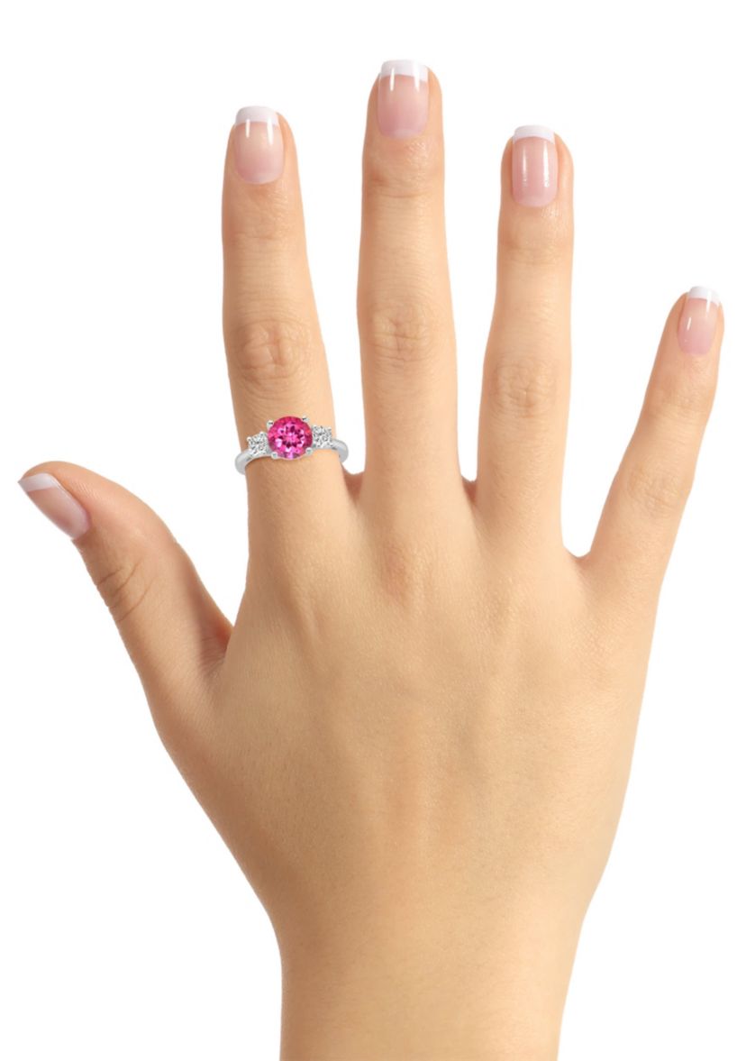 Sterling Silver 8mm Round Pink Topaz & White Topaz 3-Stone Ring