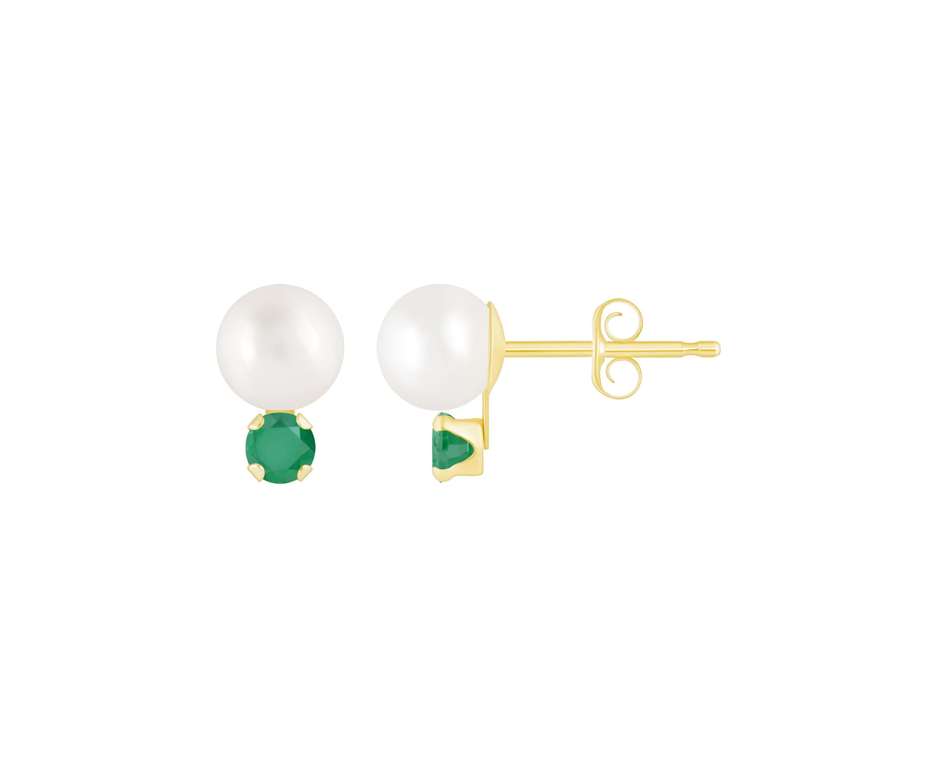 10K Gold 5mm Round Pearl with Emerald Accents Earrings