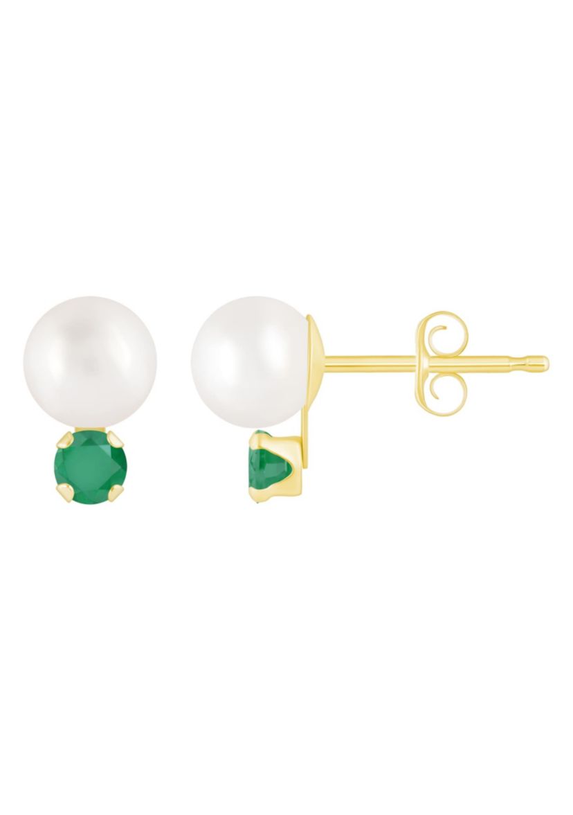 10K Gold 5mm Round Pearl with Emerald Accents Earrings