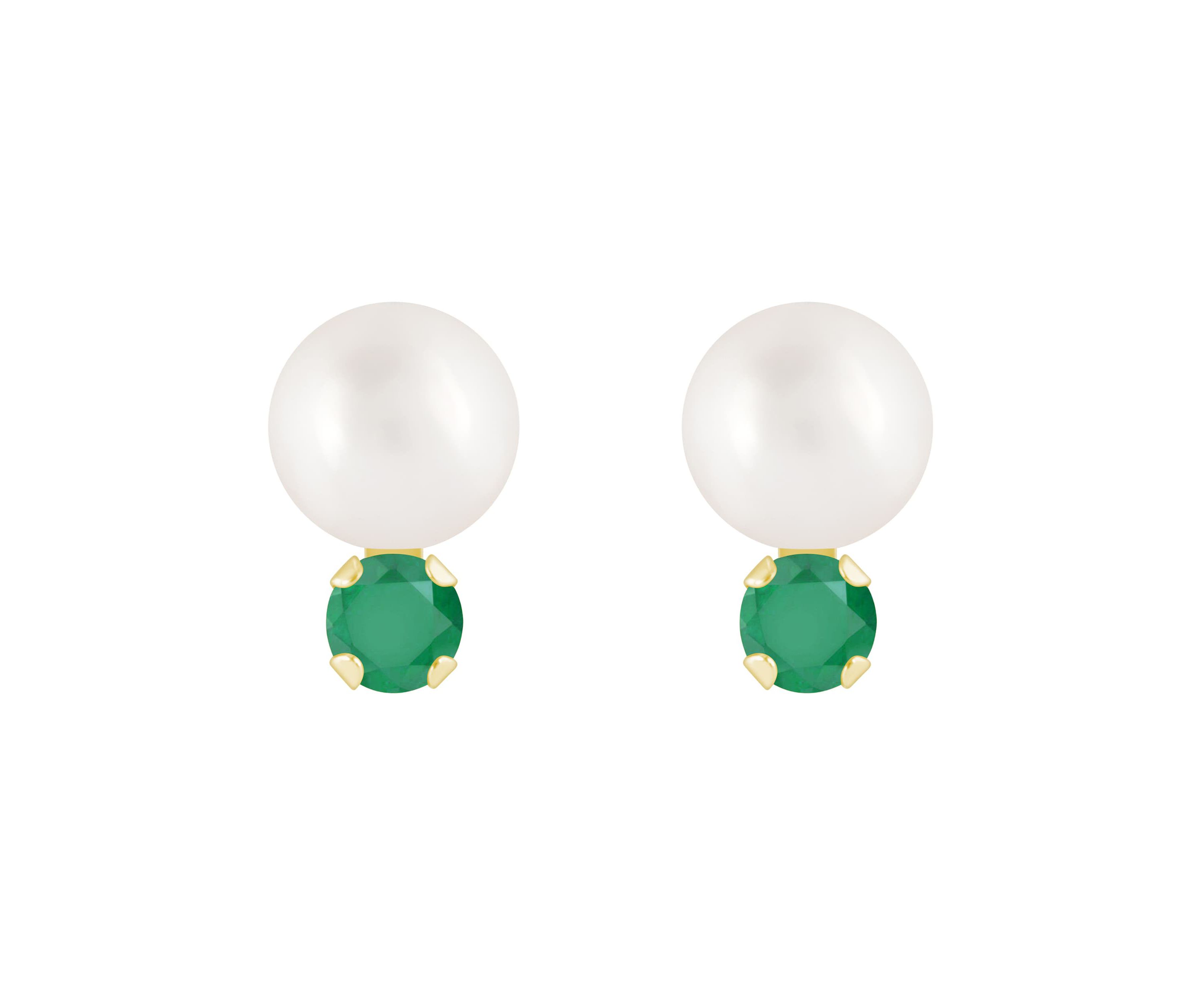 10K Gold 5mm Round Pearl with Emerald Accents Earrings