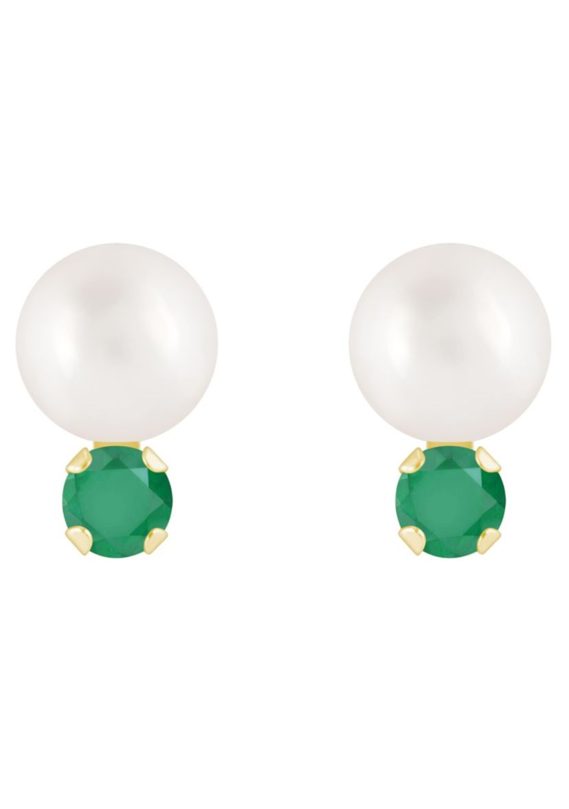 10K Gold 5mm Round Pearl with Emerald Accents Earrings