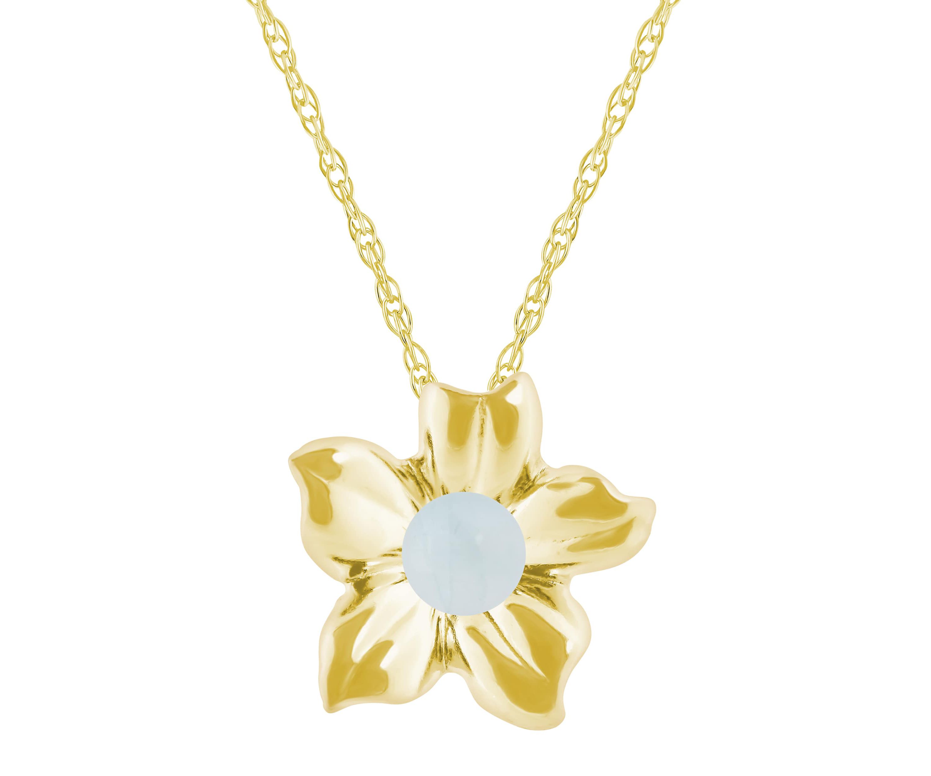 10K Gold 4mm Sphere Milky Aquamarine Hibiscus Flower Pendant Necklace