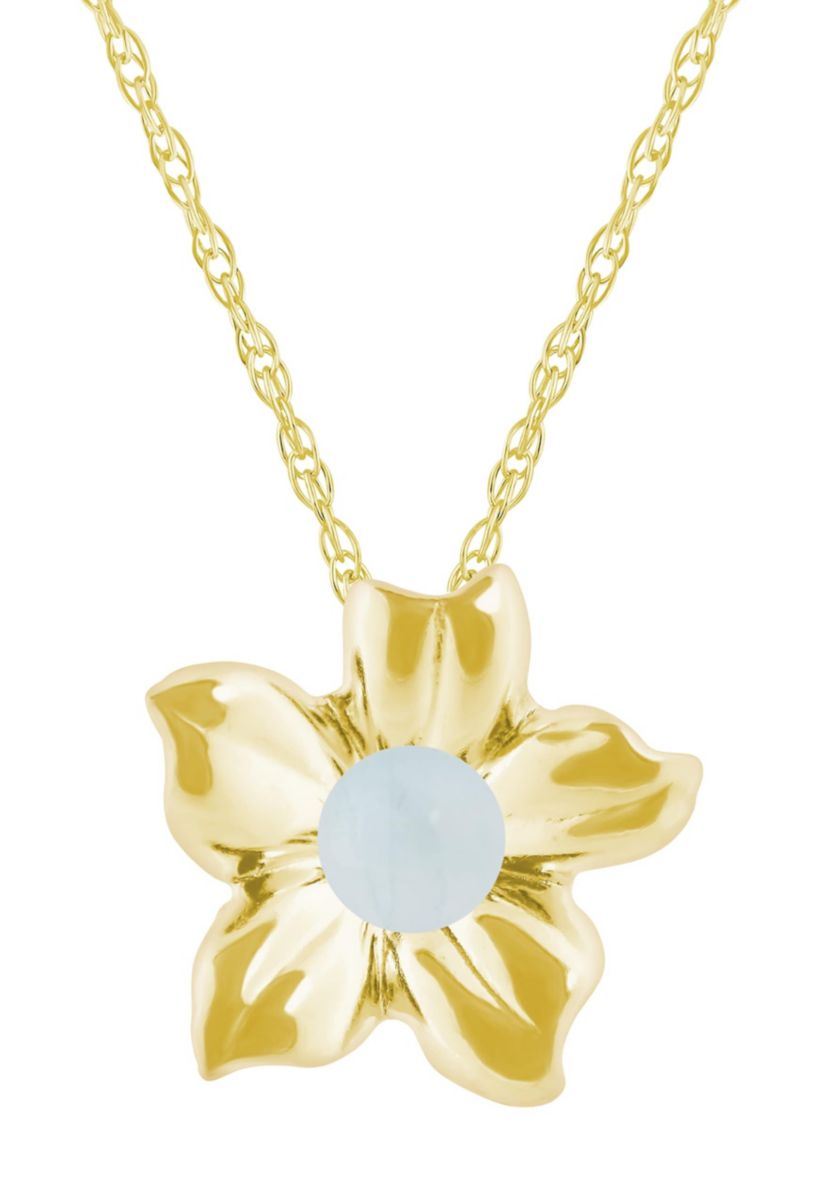 10K Gold 4mm Sphere Milky Aquamarine Hibiscus Flower Pendant Necklace