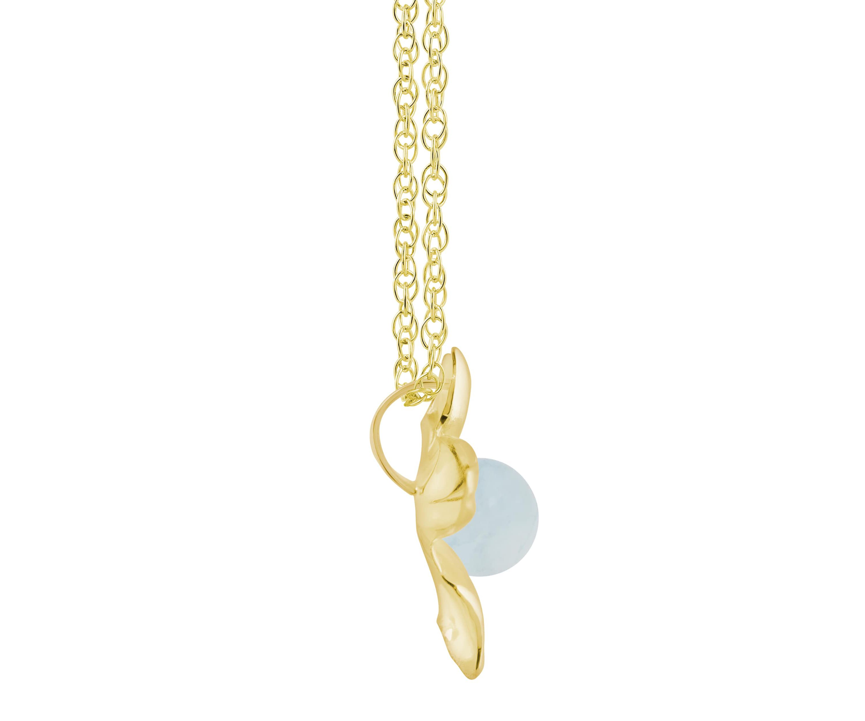 10K Gold 4mm Sphere Milky Aquamarine Hibiscus Flower Pendant Necklace