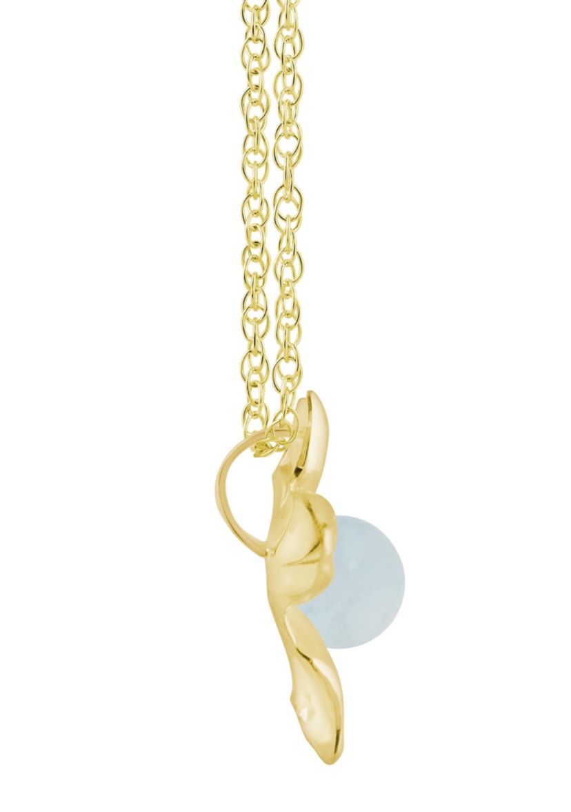 10K Gold 4mm Sphere Milky Aquamarine Hibiscus Flower Pendant Necklace