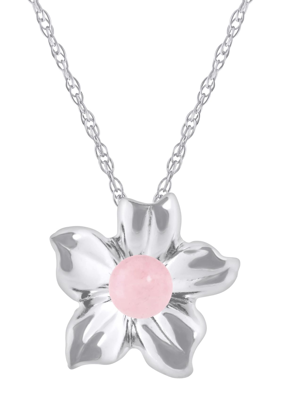 10K Gold 4mm Sphere Rose Quartz Hibiscus Flower Pendant Necklace