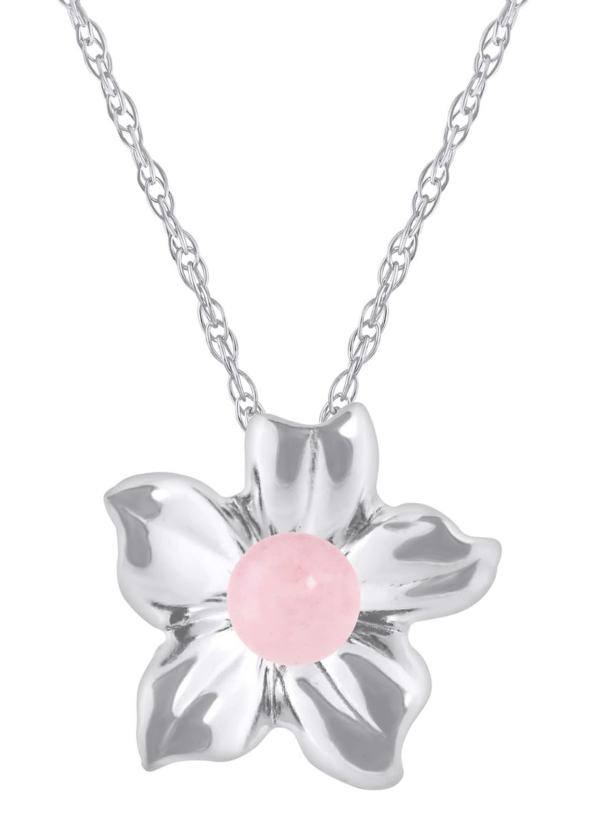 10K Gold 4mm Sphere Rose Quartz Hibiscus Flower Pendant Necklace