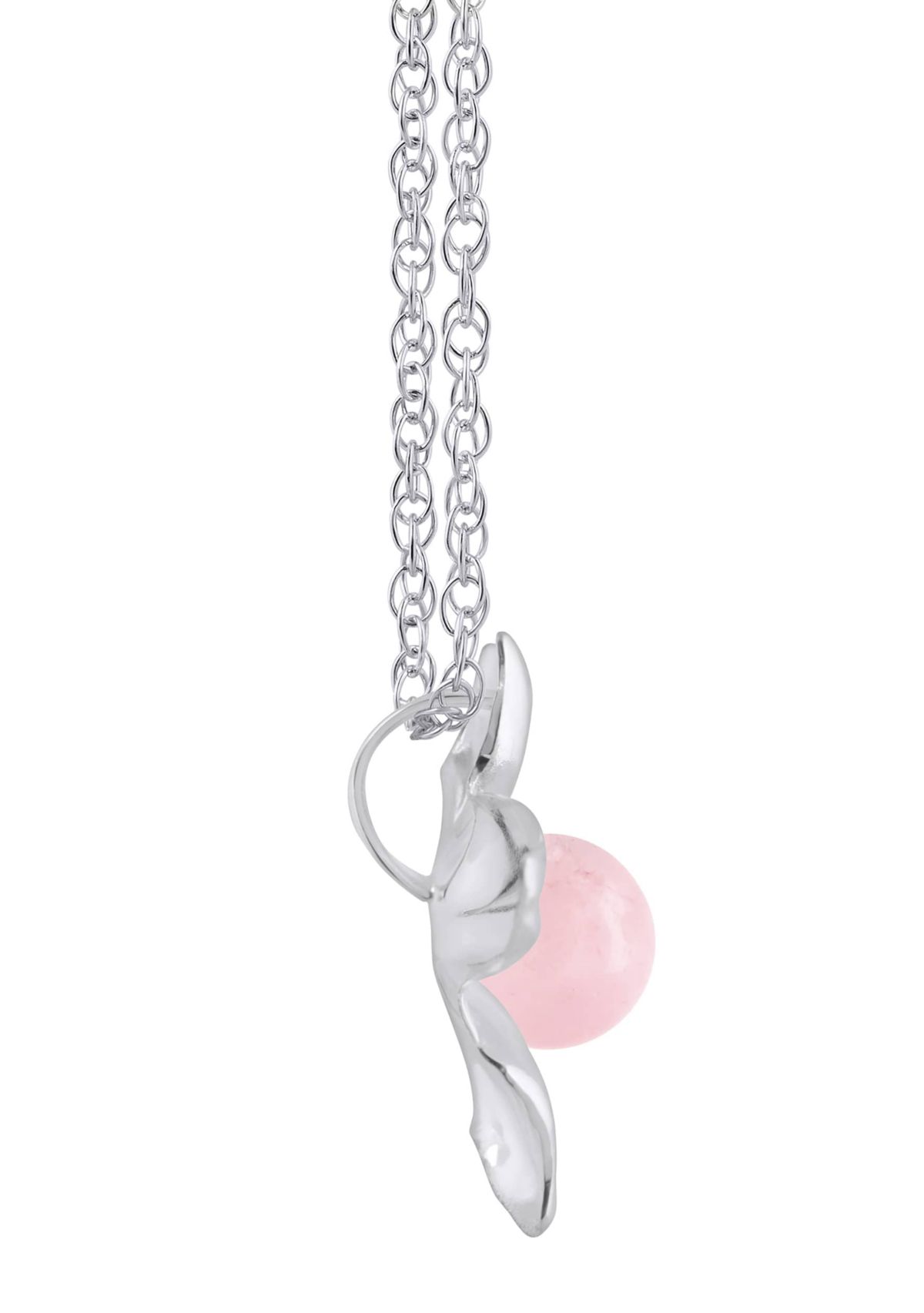 10K Gold 4mm Sphere Rose Quartz Hibiscus Flower Pendant Necklace