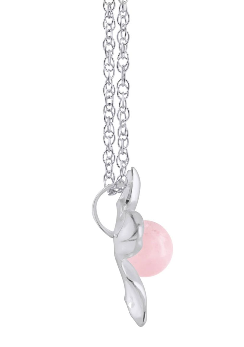 10K Gold 4mm Sphere Rose Quartz Hibiscus Flower Pendant Necklace