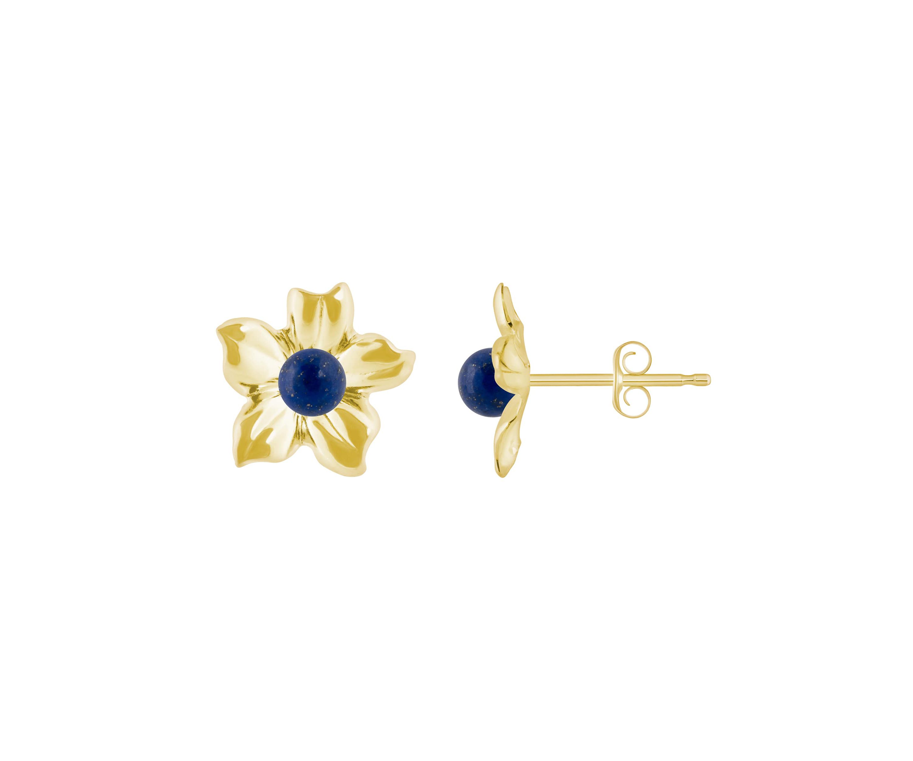 10K Gold 4mm Sphere Lapis Hibiscus Flower Earrings
