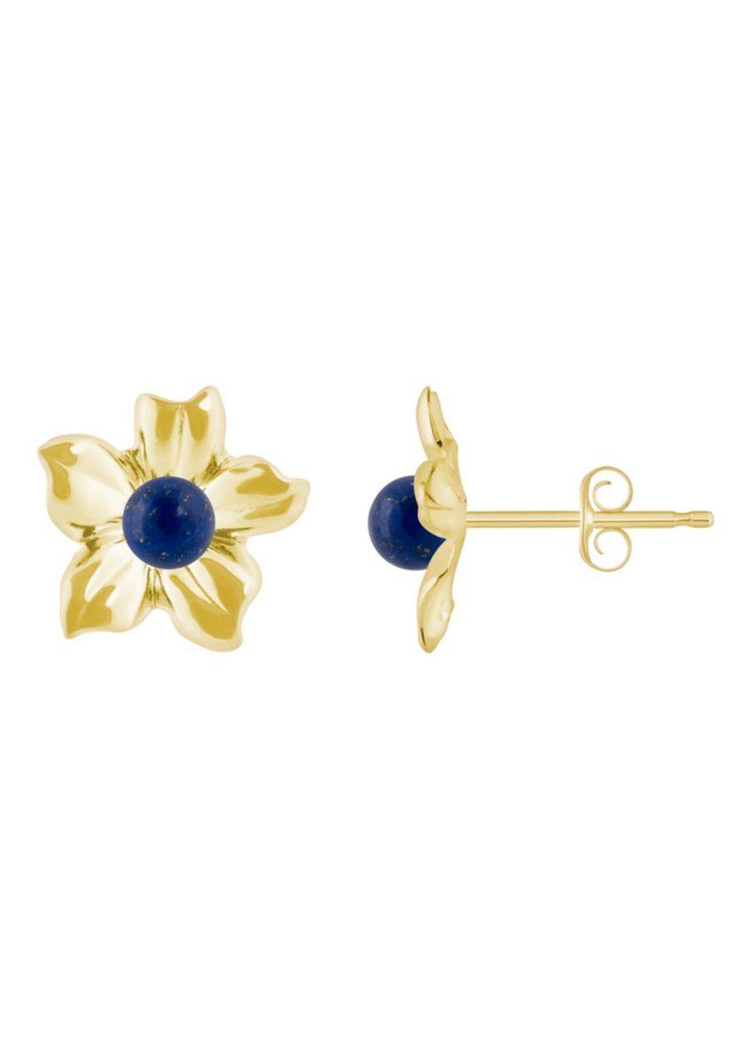 10K Gold 4mm Sphere Lapis Hibiscus Flower Earrings