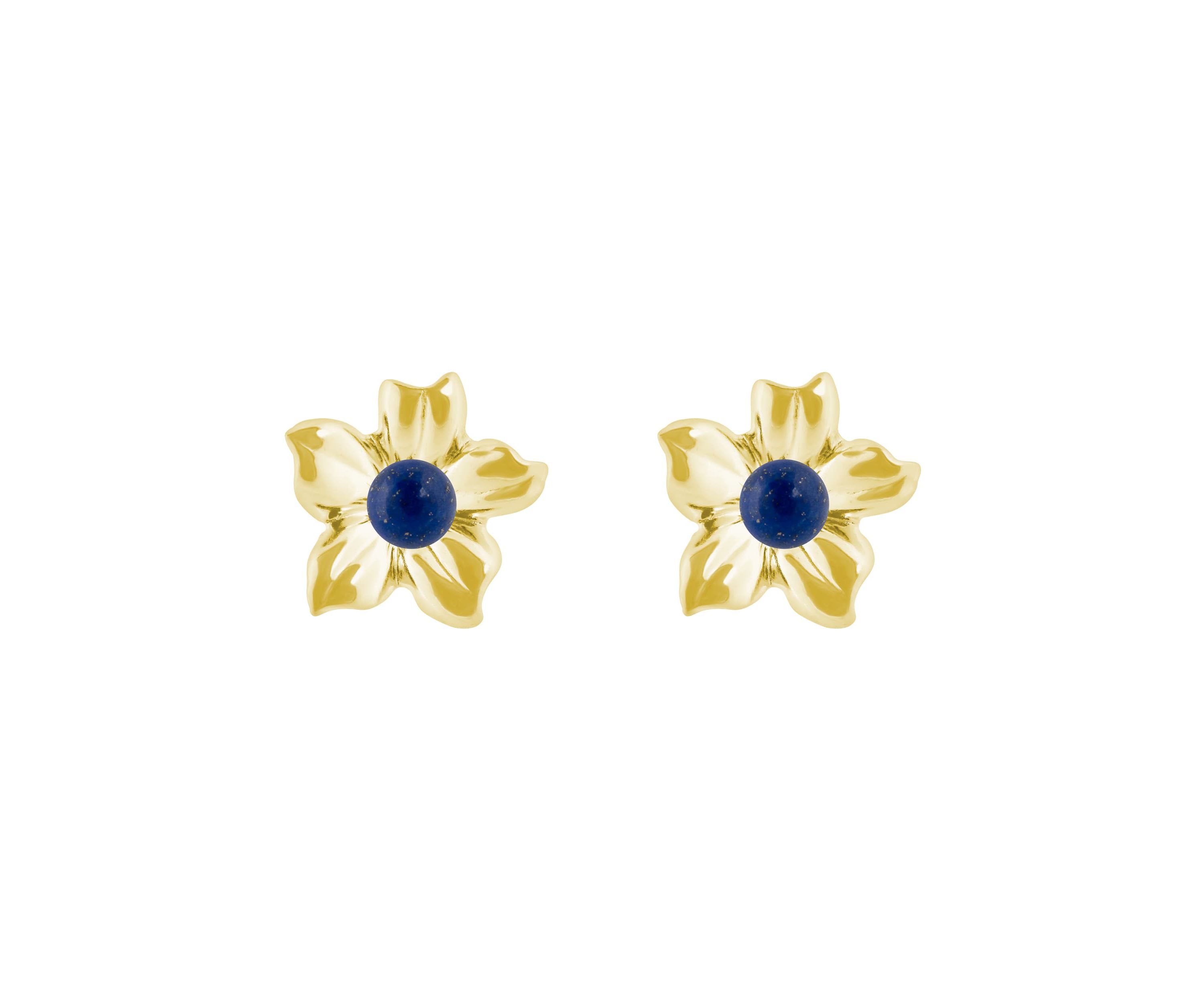 10K Gold 4mm Sphere Lapis Hibiscus Flower Earrings