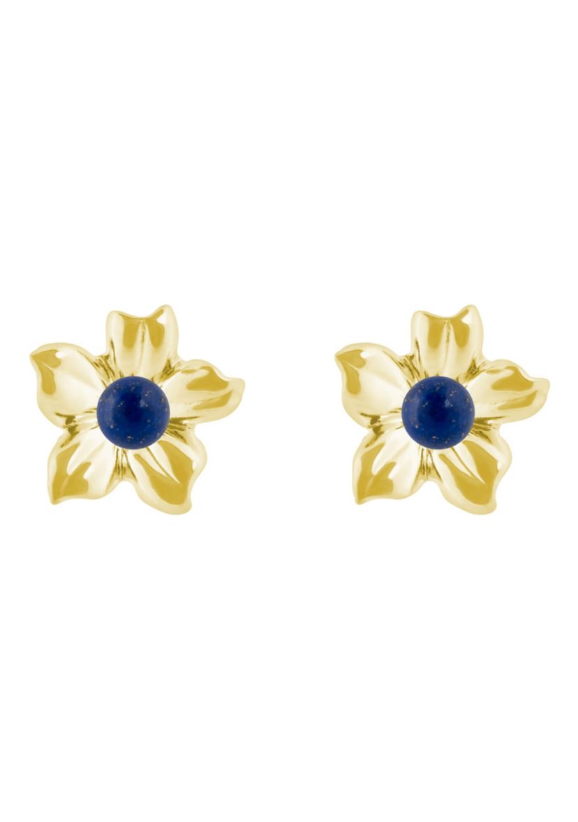 10K Gold 4mm Sphere Lapis Hibiscus Flower Earrings
