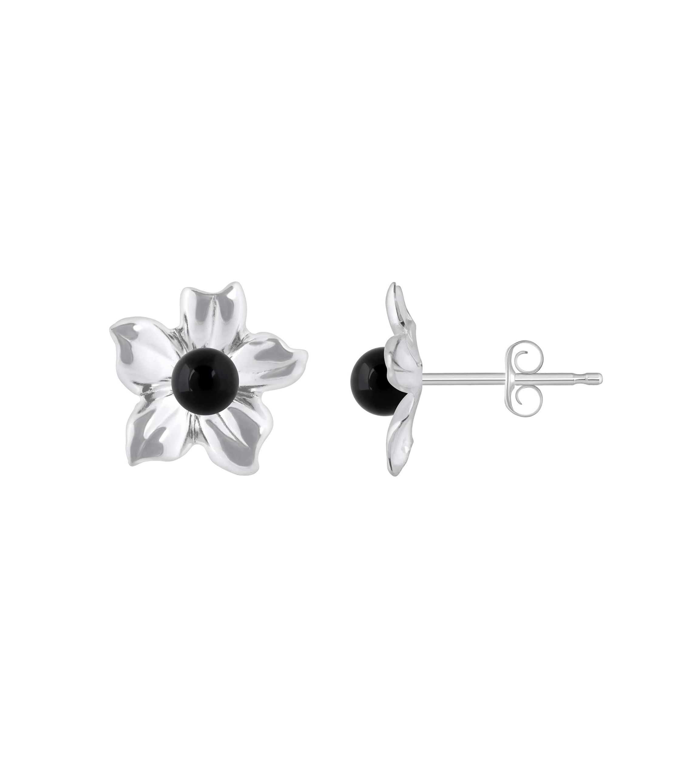 10K Gold 4mm Sphere Black Onyx Hibiscus Flower Earrings