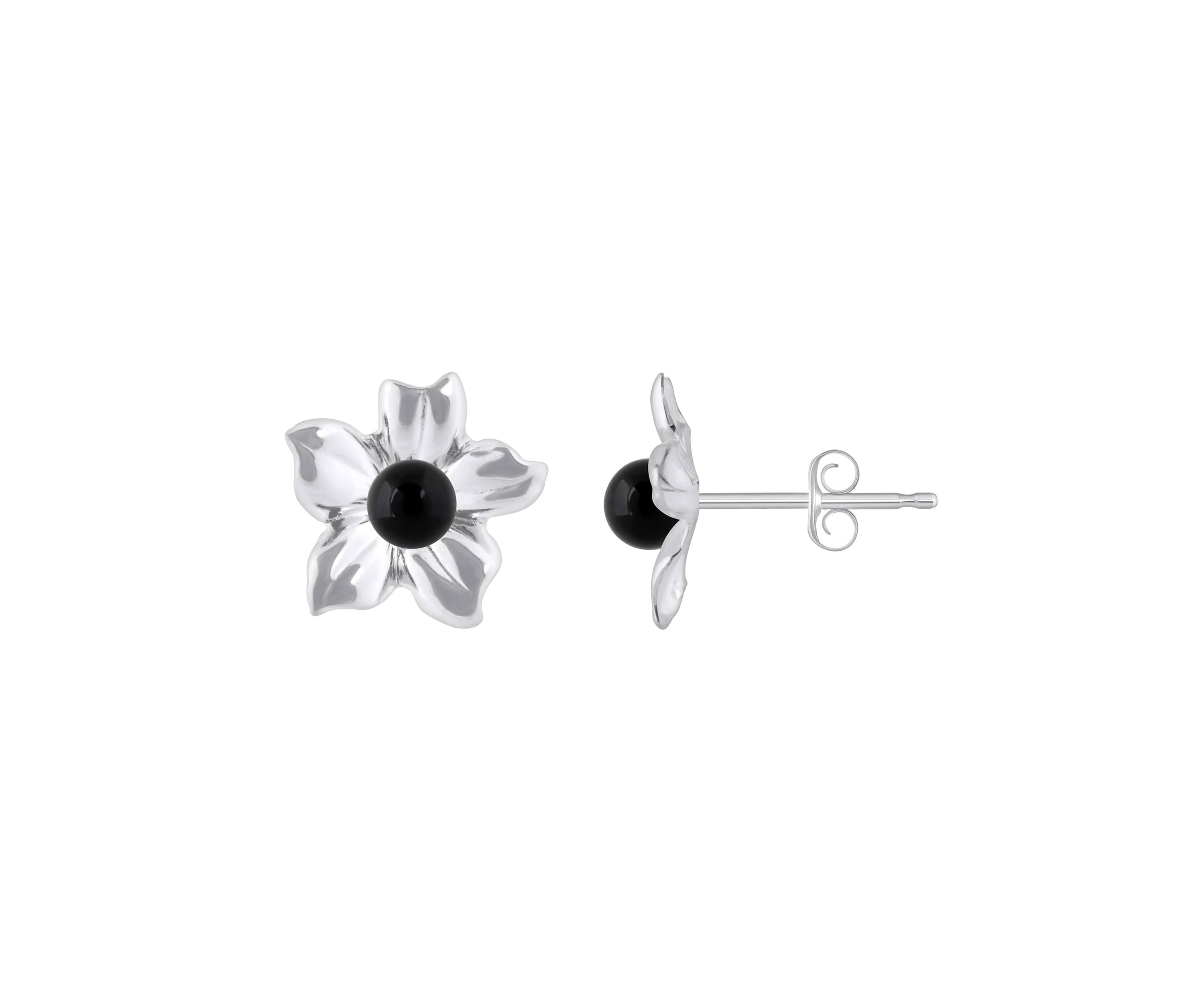 10K Gold 4mm Sphere Black Onyx Hibiscus Flower Earrings
