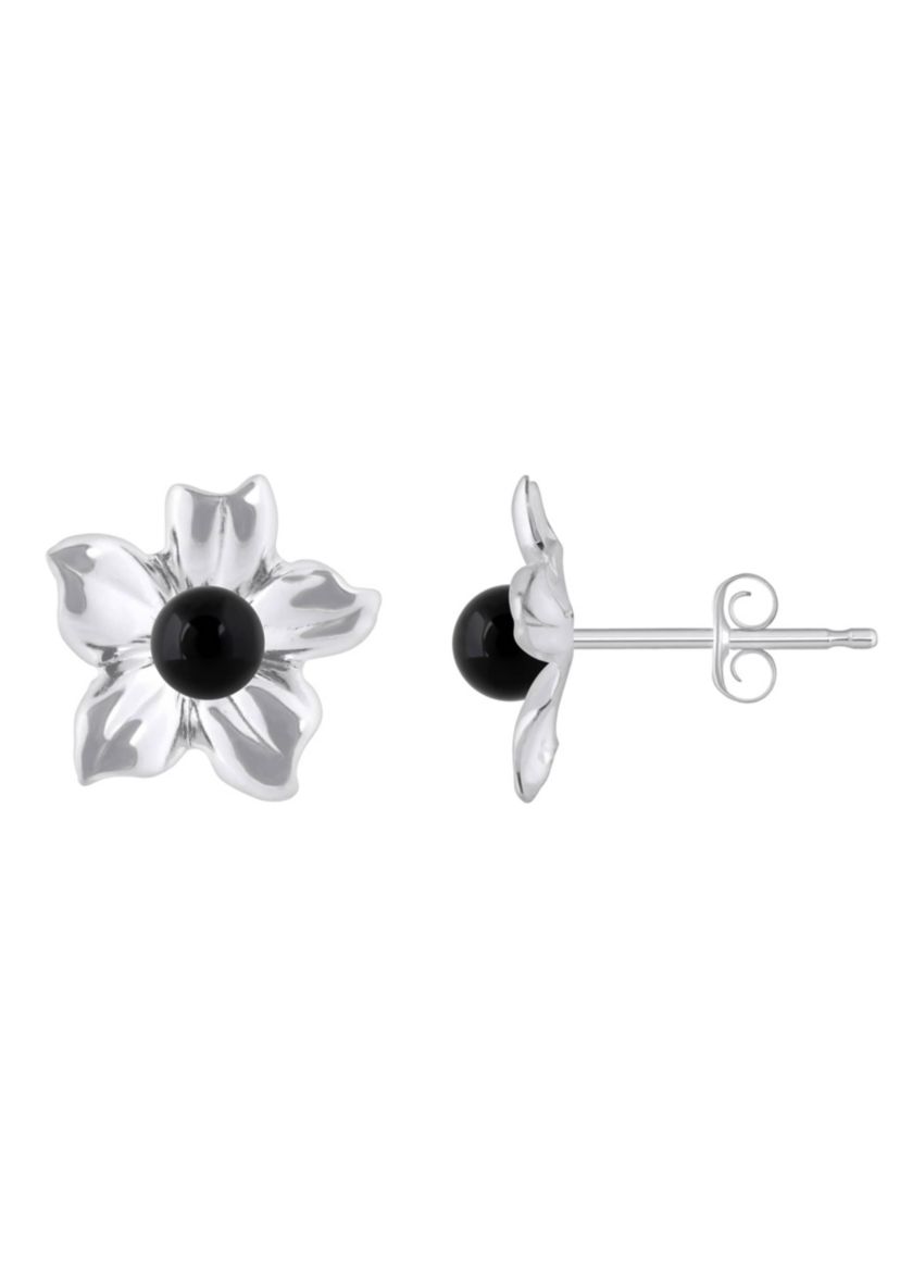 10K Gold 4mm Sphere Black Onyx Hibiscus Flower Earrings