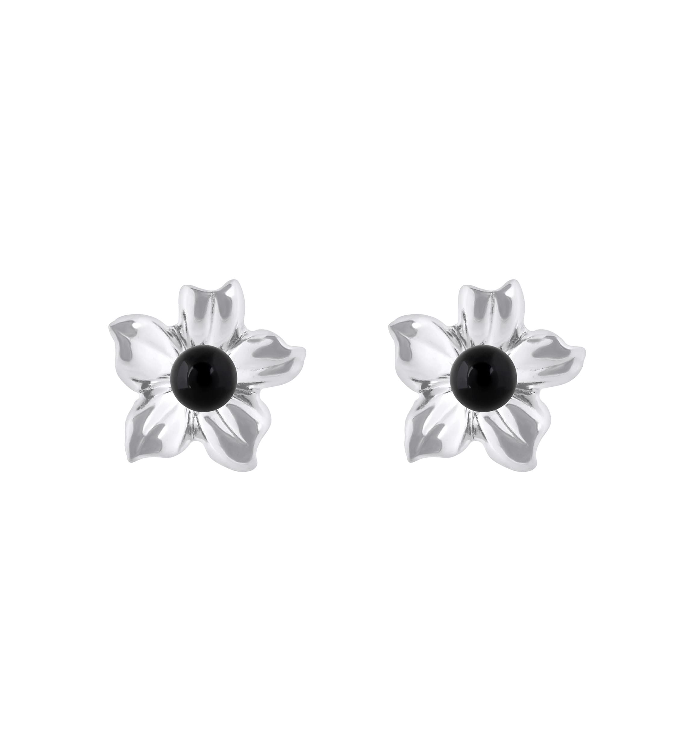 10K Gold 4mm Sphere Black Onyx Hibiscus Flower Earrings