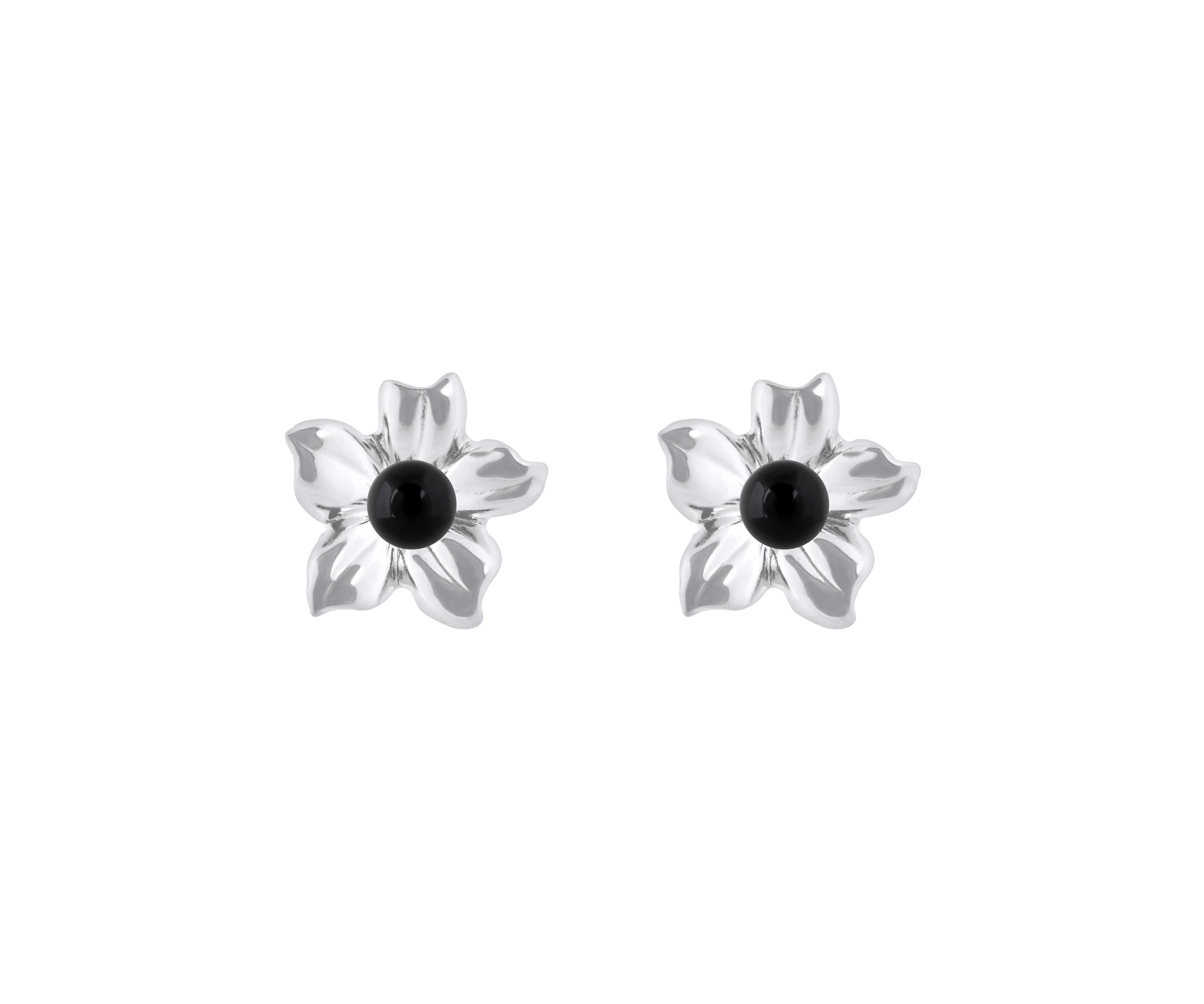 10K Gold 4mm Sphere Black Onyx Hibiscus Flower Earrings