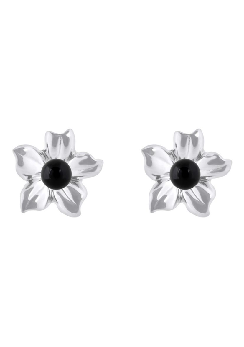 10K Gold 4mm Sphere Black Onyx Hibiscus Flower Earrings