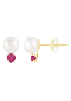 Belk & Co 10K White Gold 5mm Pearl with Gemstone Accents Earrings, Yellow
