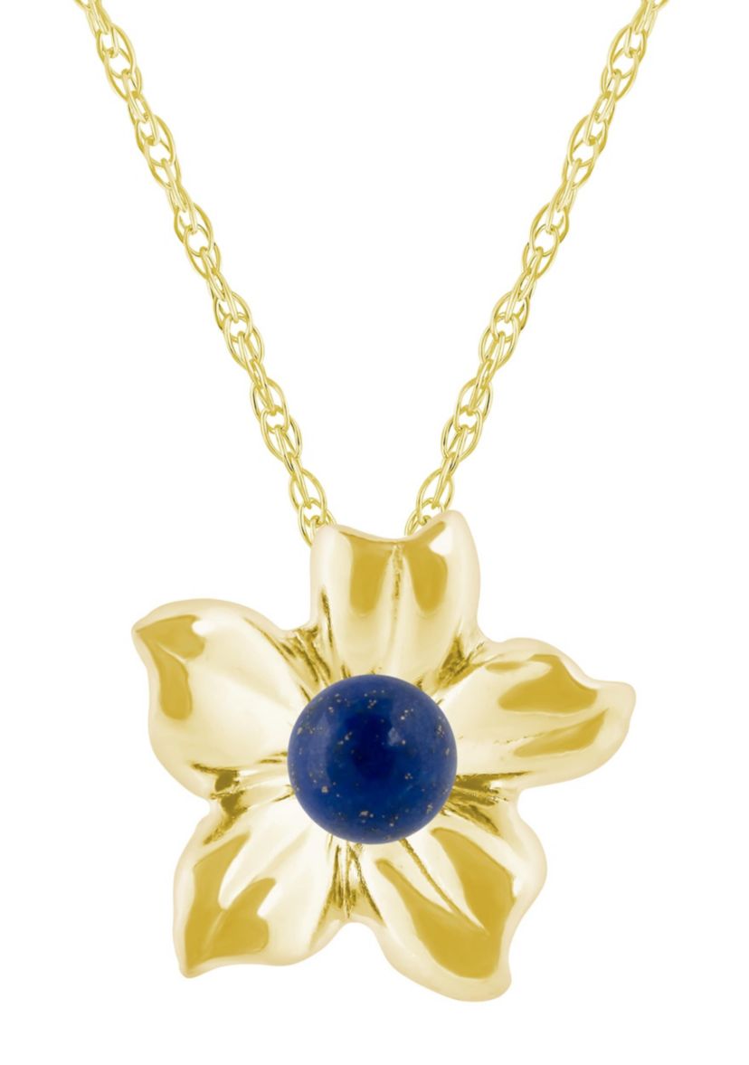 10K Gold 4mm Sphere Lapis Hibiscus Flower Pendant Necklace