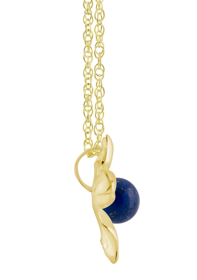 10K Gold 4mm Sphere Lapis Hibiscus Flower Pendant Necklace