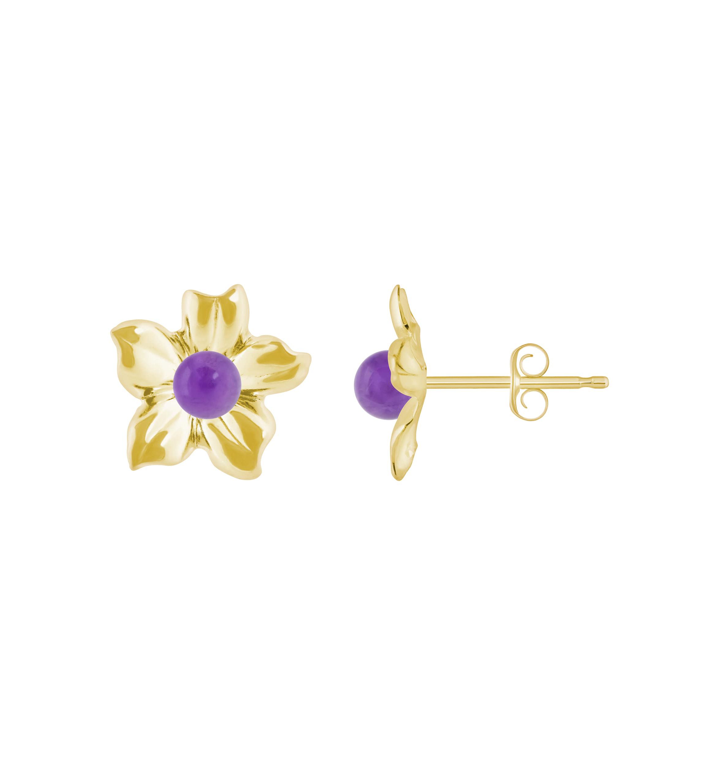 10K Gold 4mm Sphere Cape Amethyst Hibiscus Flower Earrings