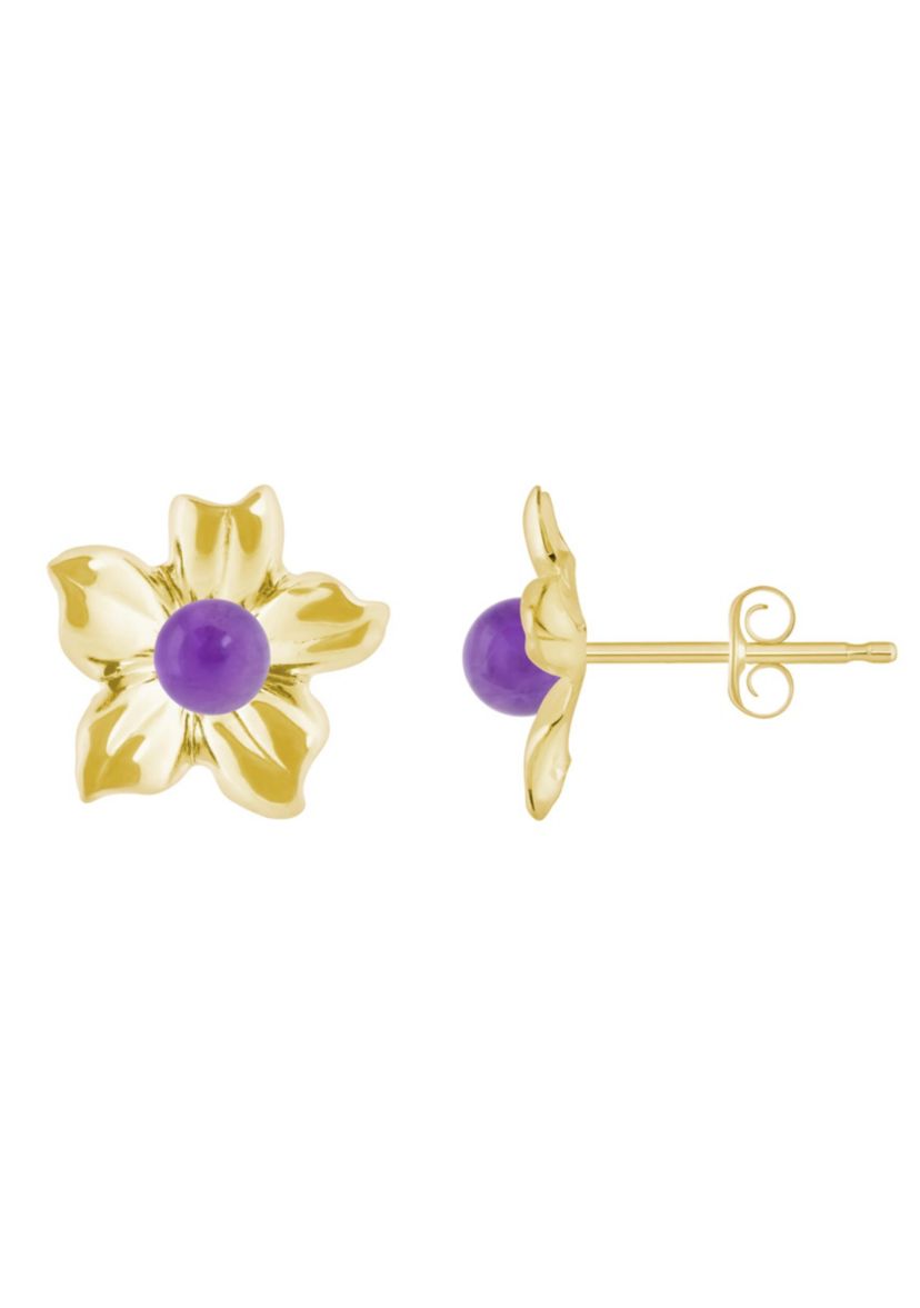10K Gold 4mm Sphere Cape Amethyst Hibiscus Flower Earrings