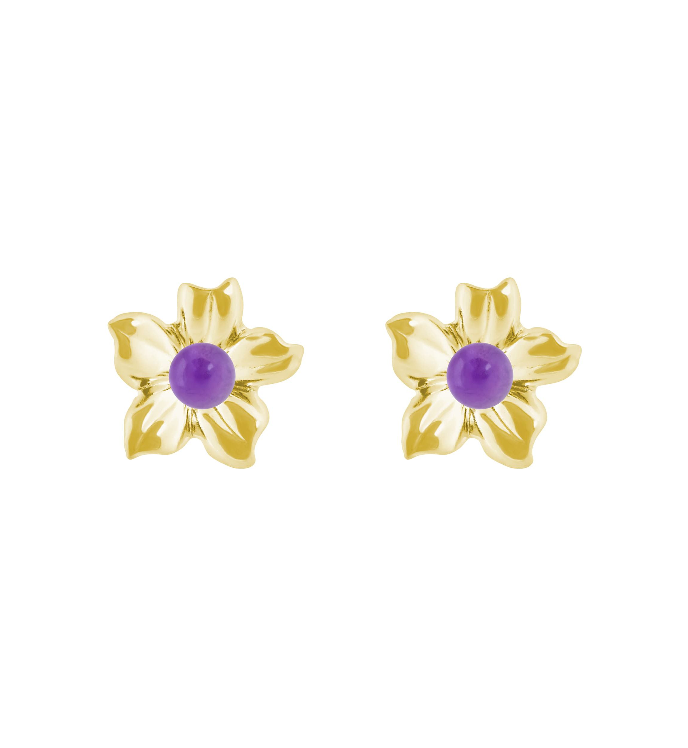 10K Gold 4mm Sphere Cape Amethyst Hibiscus Flower Earrings